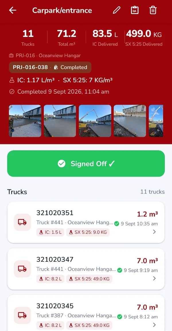 QA McClay app showing a completed, signed-off pour at the Oceanview Hangar: 11 trucks, 71.2 m³ and 499 kg of SteelX 5:25 delivered, with a per-truck log